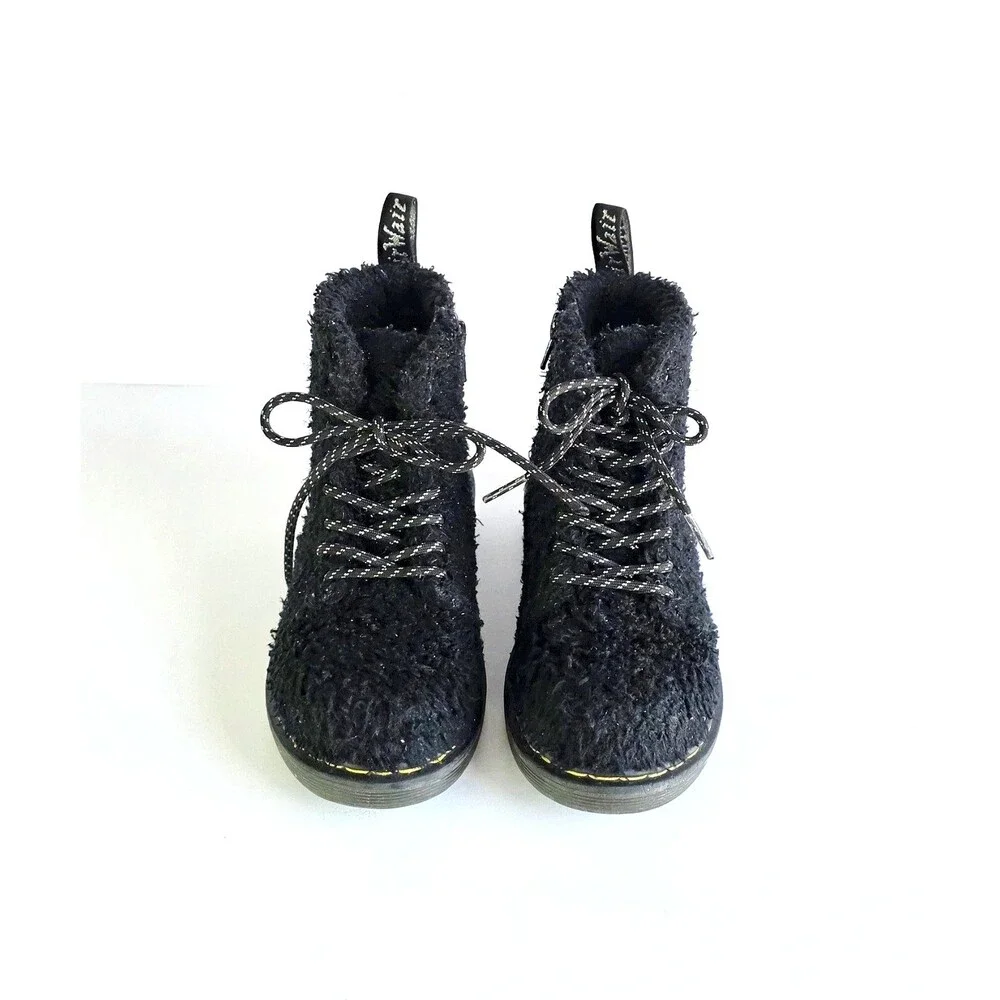DR MARTENS Junior 1460 Pascal Tinsel Fur Lace Up Boots Black 12 29 Sparkly Girls